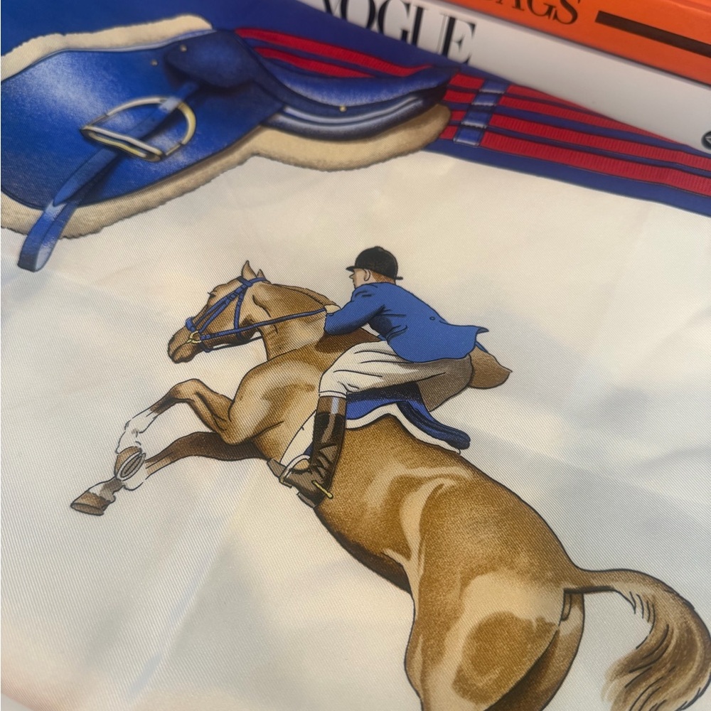 Hermes Cream Scarf with bright royal blue 🧣jumping 😊🥰❤️